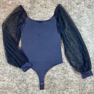 PINKMSTYLE Navy Blue Bodysuit Womens S Sheer Swiss Dot Sleeves Coquette Romantic